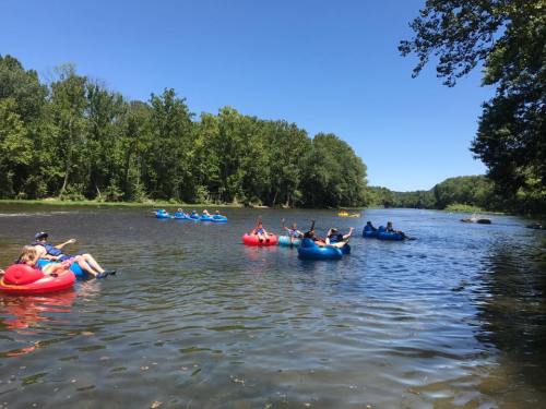 People floating on colorful inner tubes in a river surrounded by lush green trees under a clear blue sky.