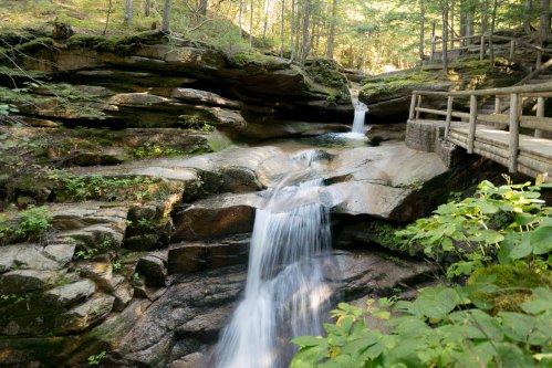 A serene waterfall cascades over rocks, surrounded by lush greenery and wooden walkways in a tranquil forest setting.