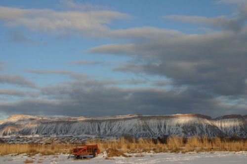 A snowy landscape with a distant mountain range under a partly cloudy sky, featuring golden grass in the foreground.