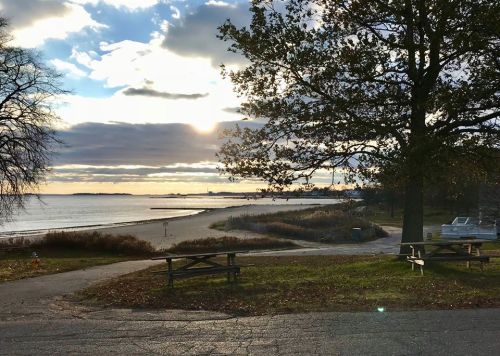 A serene beach scene at sunset, with clouds, trees, and picnic tables in the foreground.