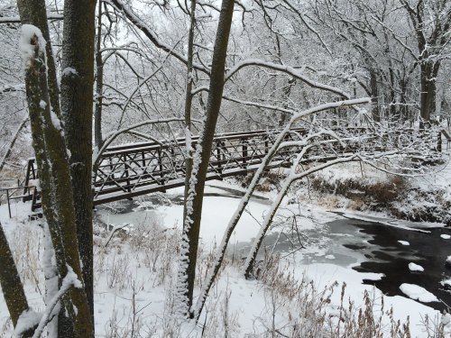A snow-covered bridge spans a frozen stream, surrounded by trees and a winter landscape.