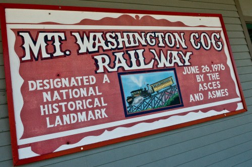 Sign for Mt. Washington Cog Railway, designated a National Historical Landmark on June 26, 1976.