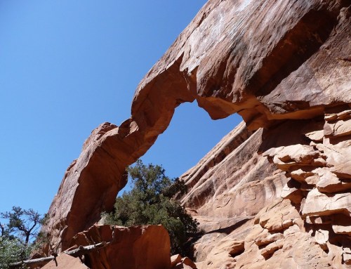 A natural rock arch stands against a clear blue sky, surrounded by rugged red rock formations and sparse vegetation.