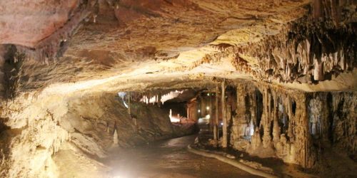 A dimly lit cave interior with stalactites and stalagmites, showcasing natural rock formations and a winding pathway.