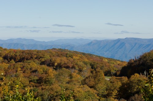 A panoramic view of rolling mountains covered in autumn foliage under a clear blue sky.