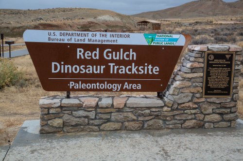 Sign for Red Gulch Dinosaur Tracksite, a paleontology area managed by the U.S. Bureau of Land Management.