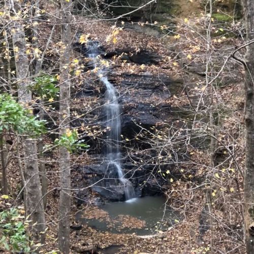 A serene waterfall cascades over dark rocks, surrounded by autumn foliage and trees in a peaceful forest setting.