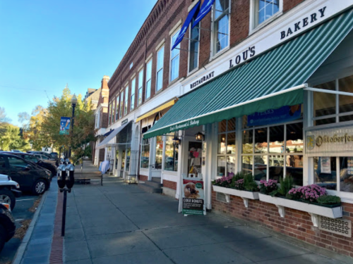 A charming street view featuring Lou's Bakery with green awning, flowers, and nearby shops on a sunny day.
