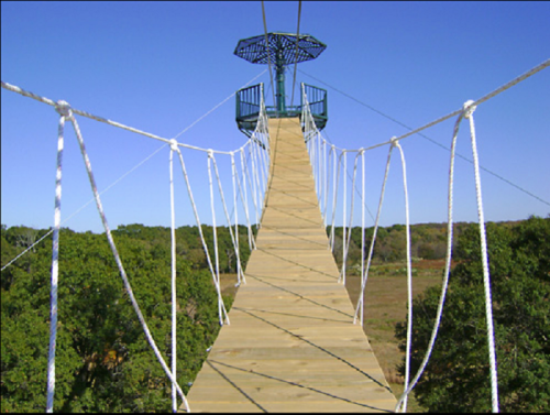 A wooden suspension bridge with rope railings stretches towards a platform against a clear blue sky and green landscape.