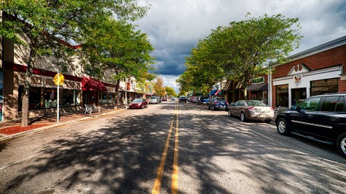 A quiet street lined with shops and trees under a cloudy sky, with parked cars on either side.