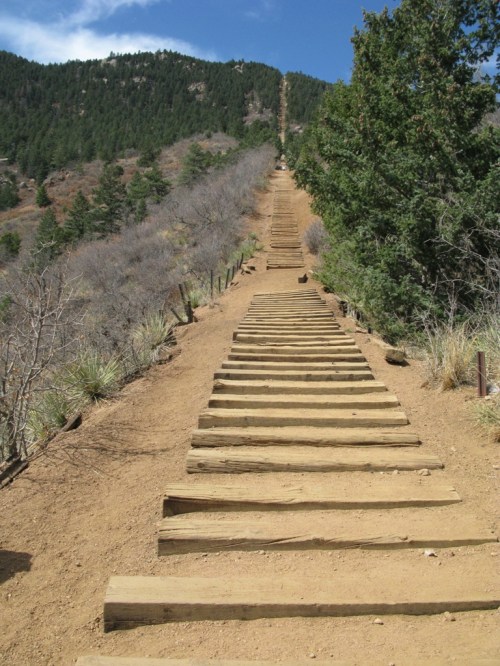 A long, steep wooden staircase leads up a mountain trail, surrounded by trees and blue sky.