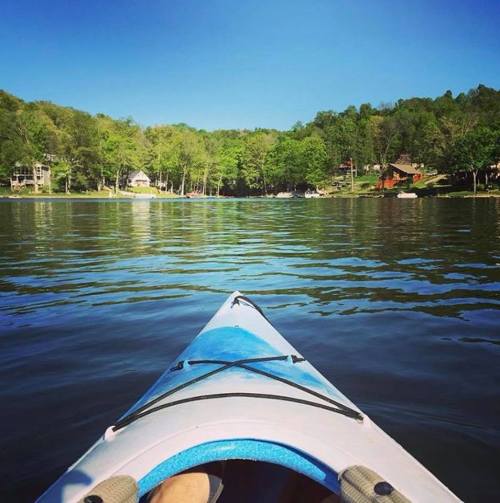 A kayak on calm water, with lush green trees and houses visible along the shore under a clear blue sky.