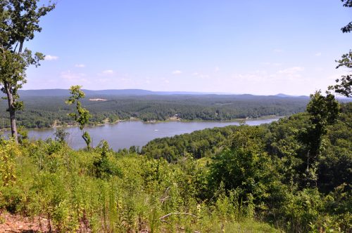A scenic view of a lake surrounded by lush green forests and rolling hills under a clear blue sky.