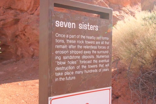 Sign about the "Seven Sisters" rock formations, detailing erosion and future changes in the landscape.