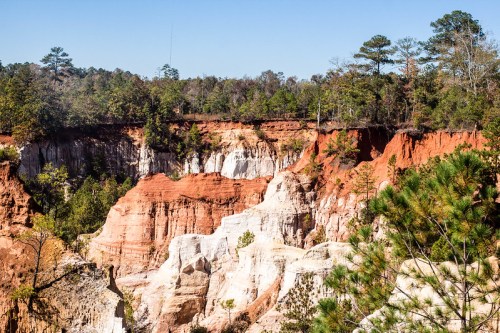 A scenic view of colorful canyon cliffs surrounded by lush green trees under a clear blue sky.