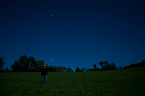 A person stands in a grassy field at night, surrounded by a starry sky and silhouetted trees.