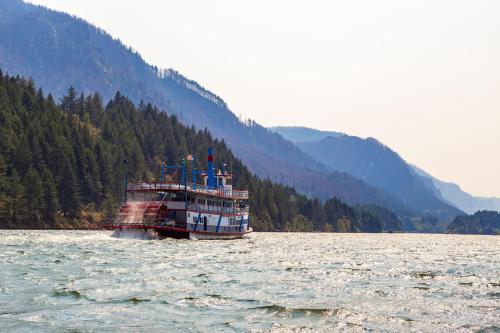 A paddleboat navigates a shimmering river surrounded by lush green mountains under a clear sky.