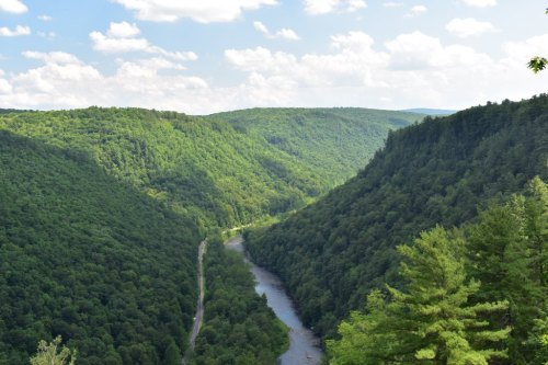 A scenic view of a lush green valley with a winding river and blue sky dotted with clouds.