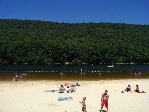 A sandy beach by a river, with people swimming and relaxing under a clear blue sky and green hills in the background.
