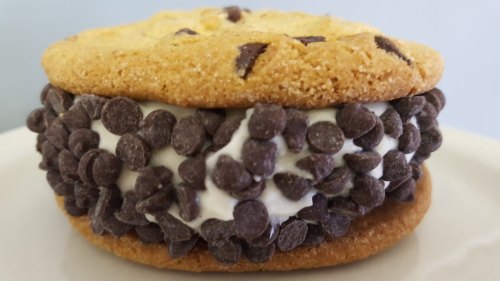 A cookie sandwich filled with vanilla ice cream and surrounded by chocolate chips.
