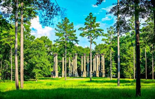 Ancient stone pillars surrounded by lush greenery and tall trees under a bright blue sky.