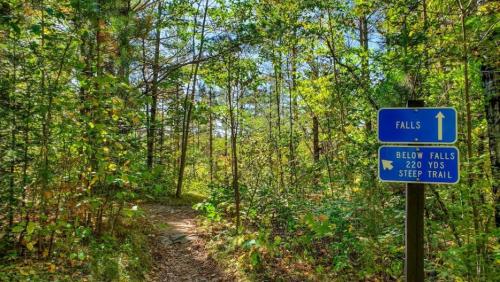 A forest path with a sign directing to the falls, indicating a steep trail 220 yards ahead. Lush greenery surrounds the area.