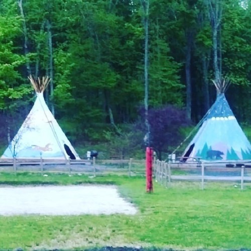 Two colorful tipis stand in a green forested area, surrounded by trees and a sandy area in the foreground.