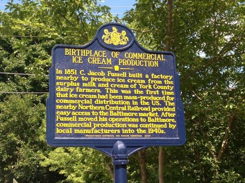 Historical marker detailing the birthplace of commercial ice cream production in York County, Pennsylvania, established in 1851.