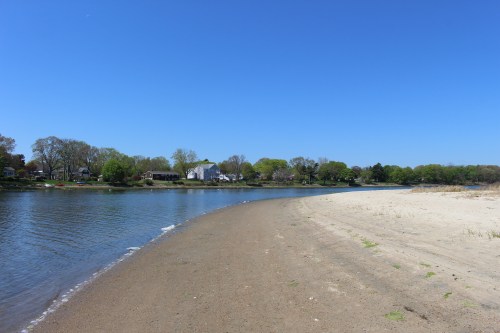 A serene riverbank scene with sandy shore, lush green trees, and a clear blue sky.