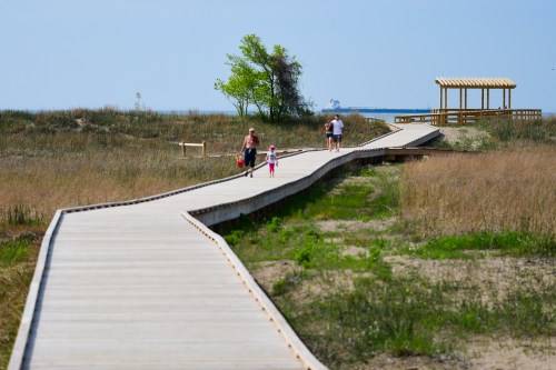 A wooden boardwalk winds through grassy terrain, with people walking and a gazebo in the background under a clear blue sky.