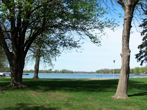 A serene lakeside view with green grass, trees, and a clear blue sky, featuring benches along the water's edge.