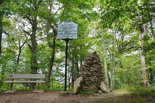 A stone monument and sign in a wooded area, with a bench nearby, surrounded by lush green trees.