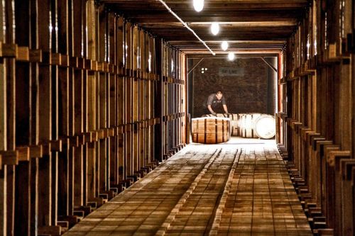 A dimly lit warehouse with wooden barrels and a person rolling a barrel along the wooden floor.