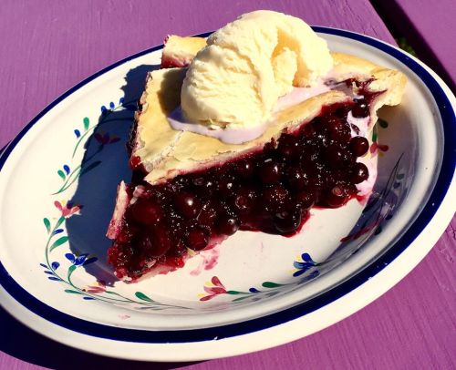 A slice of berry pie topped with a scoop of vanilla ice cream on a decorative plate.