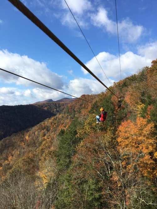 A person zip-lining over a colorful autumn landscape with mountains in the background and blue skies.