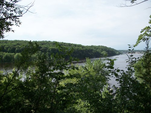 A serene river view surrounded by lush green trees and hills under a cloudy sky.