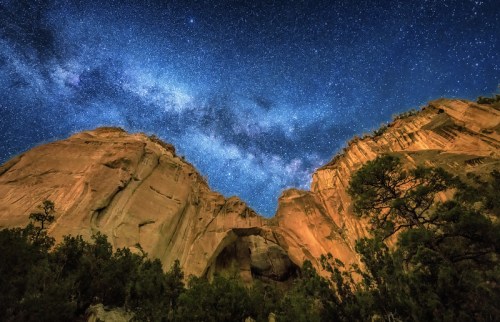 A starry night sky filled with the Milky Way above towering rock formations and trees.