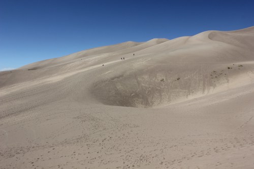 A vast desert landscape with rolling sand dunes under a clear blue sky, featuring small figures in the distance.