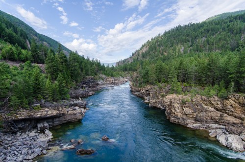 A serene river flows between rocky banks, surrounded by lush green trees and mountains under a blue sky with clouds.