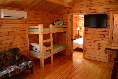 Cozy wooden cabin interior featuring a bunk bed, a sofa, and a bedroom with a TV and warm lighting.