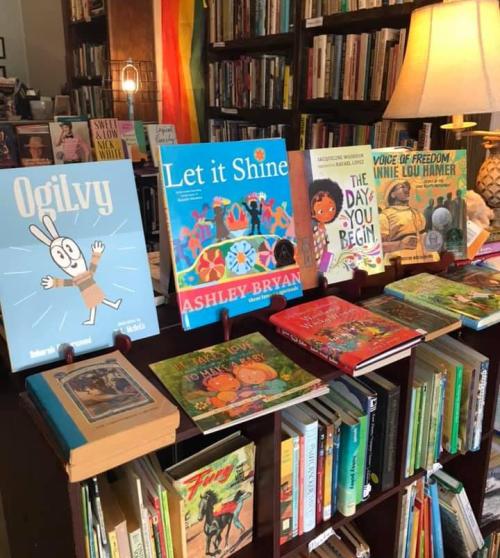 A cozy bookstore display featuring colorful children's books on a wooden shelf, with a lamp and rainbow flag in the background.