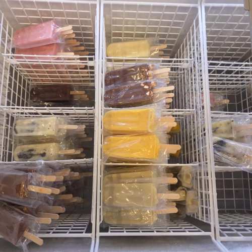 A freezer filled with various popsicles in clear packaging, arranged in neat rows.
