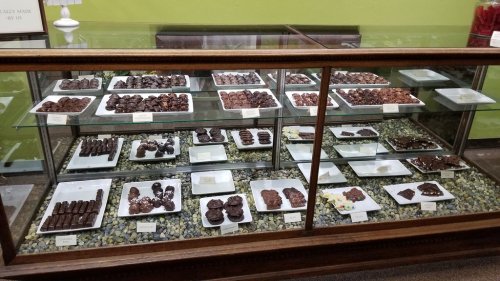 A display case filled with various chocolate confections on white plates, set against a green wall.
