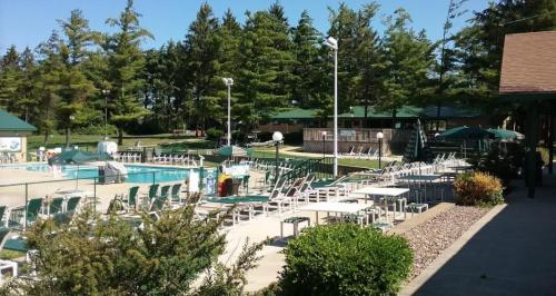A sunny outdoor pool area with lounge chairs, surrounded by trees and a building in the background.