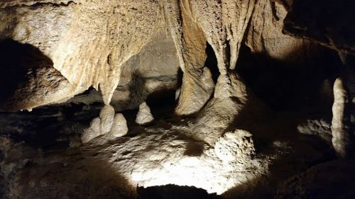 A dimly lit cave interior featuring various stalactites and stalagmites on rocky surfaces.