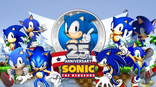 A collage of Sonic the Hedgehog characters celebrating the 25th anniversary, featuring various poses and expressions.