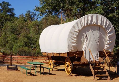 A covered wagon with a white canvas top, parked near a picnic table in a wooded area.