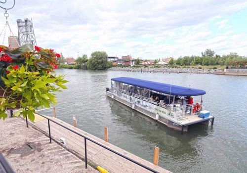 A boat with a blue canopy navigates a calm river, surrounded by greenery and a cloudy sky.