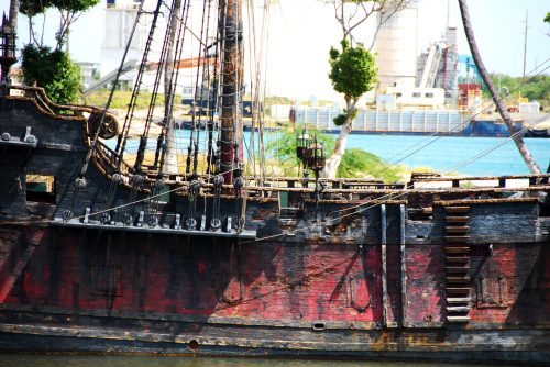 Close-up of an old ship's side, showing weathered wood, ropes, and greenery against a backdrop of water and industrial buildings.