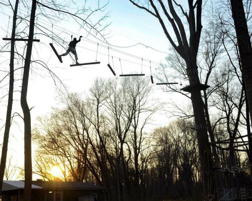 A person balances on a rope course high above the ground, surrounded by trees at sunset.